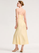 Load image into Gallery viewer, Color=Yellow | Wholesale Pricing Strapless Fishtail Non-Stretch Midi Dress with Floral Tie-Front | Wedding Guest Dresses-Yellow 2
