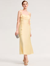 Load image into Gallery viewer, Color=Yellow | Wholesale Pricing Strapless Fishtail Non-Stretch Midi Dress with Floral Tie-Front | Wedding Guest Dresses-Yellow 4
