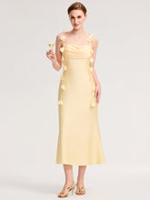Load image into Gallery viewer, Color=Yellow | Wholesale Pricing Strapless Fishtail Non-Stretch Midi Dress with Floral Tie-Front | Wedding Guest Dresses-Yellow 5