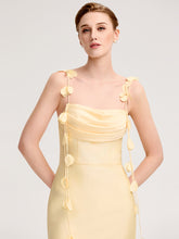 Load image into Gallery viewer, Color=Yellow | Wholesale Pricing Strapless Fishtail Non-Stretch Midi Dress with Floral Tie-Front | Wedding Guest Dresses-Yellow 3