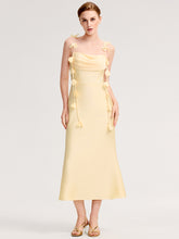 Load image into Gallery viewer, Color=Yellow | Wholesale Pricing Strapless Fishtail Non-Stretch Midi Dress with Floral Tie-Front | Wedding Guest Dresses-Yellow 1