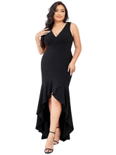 Load image into Gallery viewer, Color=Black | Fishtail Asymmetrical Hem Deep V Neck Wholesale Evening Dresses-Black 2
