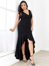 Load image into Gallery viewer, Color=Black | Fishtail Asymmetrical Hem Deep V Neck Wholesale Evening Dresses-Black 3