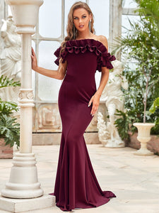 Color=Burgundy | Cute Wholesale Ruffled Off Shoulder Long Fishtail Evening Dress-Burgundy 3