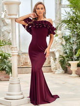 Load image into Gallery viewer, Color=Burgundy | Cute Wholesale Ruffled Off Shoulder Long Fishtail Evening Dress-Burgundy 4
