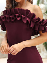 Load image into Gallery viewer, Color=Burgundy | Cute Wholesale Ruffled Off Shoulder Long Fishtail Evening Dress-Burgundy 5