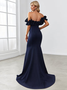 Color=Navy Blue | Cute Wholesale Ruffled Off Shoulder Long Fishtail Evening Dress-Navy Blue 2