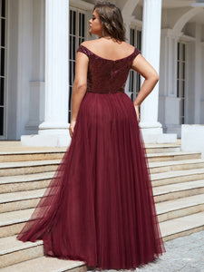Color=Burgundy | Plus Size Wholesale High Waist Tulle & Sequin Sleevless Evening Dress-Burgundy 3