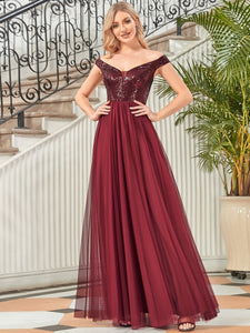 Color=Burgundy | Wholesale High Waist Tulle & Sequin Sleeveless Evening Dress-Burgundy 3