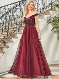 Color=Burgundy | Wholesale High Waist Tulle & Sequin Sleeveless Evening Dress-Burgundy 8
