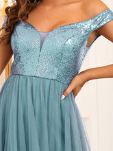 Load image into Gallery viewer, Color=Dusty Blue | Wholesale High Waist Tulle & Sequin Sleeveless Evening Dress-Dusty Blue 5