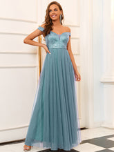 Load image into Gallery viewer, Color=Dusty Blue | Wholesale High Waist Tulle & Sequin Sleeveless Evening Dress-Dusty Blue 3
