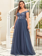 Load image into Gallery viewer, Color=Dusty Navy | Plus Size Wholesale High Waist Tulle &amp; Sequin Sleevless Evening Dress-Dusty Navy 1