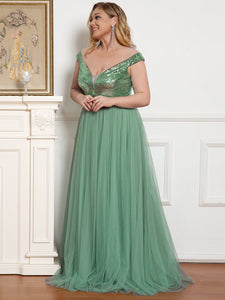 Color=Green Bean | Plus Size Wholesale High Waist Tulle & Sequin Sleevless Evening Dress-Green Bean 4