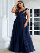 Load image into Gallery viewer, Color=Navy Blue | Plus Size Wholesale High Waist Tulle &amp; Sequin Sleevless Evening Dress-Navy Blue 3