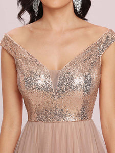 Color=Rose Gold | Wholesale High Waist Tulle & Sequin Sleevless Evening Dress-Rose Gold 5