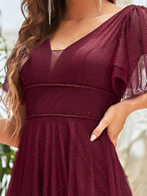 Load image into Gallery viewer, Color=Burgundy | Wholesale Long Deep V Neck Maxi A-Line Tulle Evening Dress-Burgundy 10