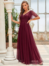 Load image into Gallery viewer, Color=Burgundy | Wholesale Long Deep V Neck Maxi A-Line Tulle Evening Dress-Burgundy 6