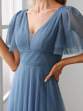 Load image into Gallery viewer, Color=Dusty Navy | Wholesale Long Deep V Neck Maxi A-Line Tulle Evening Dress-Dusty Navy 5