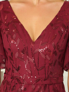 Color=Burgundy | Gorgeous V Neck Leaf-Sequined Fishtail Wholesale Evening Dress EE00693-Burgundy 