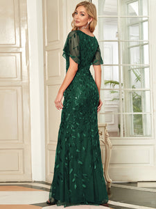 Color=Dark Green | Gorgeous V Neck Leaf-Sequined Fishtail Wholesale Evening Dress EE00693-Dark Green 2