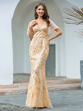 Load image into Gallery viewer, Color=Gold | Gorgeous V Neck Leaf-Sequined Fishtail Wholesale Evening Dress EE00693-Gold 15