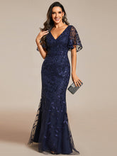 Load image into Gallery viewer, Color=Navy Blue | Gorgeous V Neck Leaf-Sequined Fishtail Wholesale Evening Dress EE00693-Navy Blue 