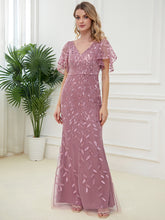 Load image into Gallery viewer, Gorgeous V Neck Leaf-Sequined Fishtail Wholesale Evening Dress EE00693