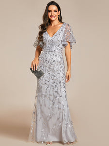 Color=Silver | Gorgeous V Neck Leaf-Sequined Fishtail Wholesale Evening Dress EE00693-Silver 