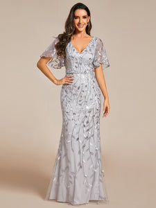 Color=Silver | Gorgeous V Neck Leaf-Sequined Fishtail Wholesale Evening Dress EE00693-Silver 