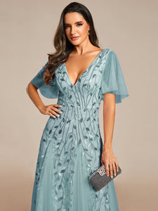 Color=Dusty blue | Romantic Shimmery V Neck Ruffle Sleeves Maxi Long Evening Gowns-Dusty blue 