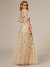 Load image into Gallery viewer, Color=Gold | Romantic Shimmery V Neck Ruffle Sleeves Maxi Long Evening Gowns-Gold 