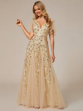 Load image into Gallery viewer, Color=Gold | Romantic Shimmery V Neck Ruffle Sleeves Maxi Long Evening Gowns-Gold 