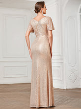 Load image into Gallery viewer, Color=Rose Gold | Shiny V Neck A Line Short Ruffles Sleeves Wholesale Evening Dresses-Rose Gold 2