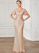 Load image into Gallery viewer, Color=Rose Gold | Shiny V Neck A Line Short Ruffles Sleeves Wholesale Evening Dresses-Rose Gold 1