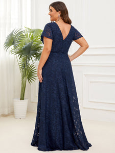 Color=Navy Blue | Deep V Neck A Line Short Ruffles Sleeves Wholesale Evening Dresses-Navy Blue 2