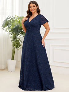 Color=Navy Blue | Deep V Neck A Line Short Ruffles Sleeves Wholesale Evening Dresses-Navy Blue 3