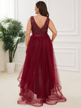 Load image into Gallery viewer, Color=Burgundy | Sparkling Wholesale Evening Dresses with Asymmetrical Hem Deep V Neck-Burgundy 2