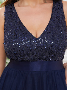 Color=Navy Blue | Sparkling Wholesale Evening Dresses with Asymmetrical Hem Deep V Neck-Navy Blue 5