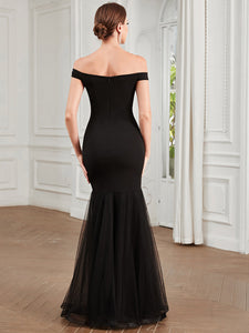 Color=Black | V Neck Floor Length Off Shoulders Fishtail Wholesale Evening Dresses-Black 2