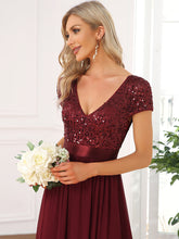 Load image into Gallery viewer, Color=Burgundy | Deep V Neck Pencil Wholesale Evening Dresses with Short Sleeves-Burgundy 5