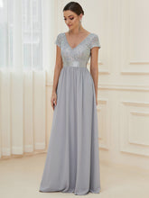 Load image into Gallery viewer, Color=Silver | Deep V Neck Pencil Wholesale Evening Dresses with Short Sleeves-Silver 3