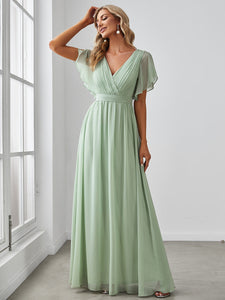 Color=Mint Green | A Line Wholesale Bridesmaid Dresses with Deep V Neck Ruffles Sleeves-Mint Green 3