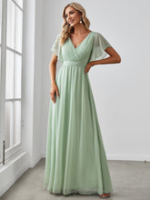 Load image into Gallery viewer, Color=Mint Green | A Line Wholesale Bridesmaid Dresses with Deep V Neck Ruffles Sleeves-Mint Green 1