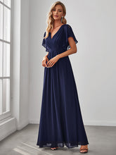 Load image into Gallery viewer, Color=Navy Blue | A Line Wholesale Bridesmaid Dresses with Deep V Neck Ruffles Sleeves-Navy Blue 4