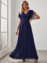Load image into Gallery viewer, Color=Navy Blue | A Line Wholesale Bridesmaid Dresses with Deep V Neck Ruffles Sleeves-Navy Blue 1