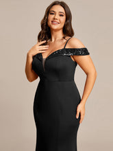 Load image into Gallery viewer, Color=Black | Off Shoulder Mermaid Sequin Detail Wholesale Evening Dresses-Black 5