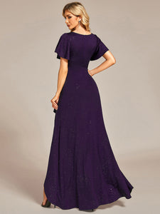 Color=Dark Purple | Tea Length Split Shiny Wholesale Evening Dresses With Ruffle Sleeves-Dark Purple 3