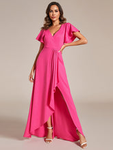 Load image into Gallery viewer, Color=Hot Pink | Tea Length Split Shiny Wholesale Evening Dresses With Ruffle Sleeves-Hot Pink 5