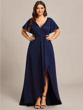 Load image into Gallery viewer, Color=Navy Blue | Plus Tea Length Split Shiny Wholesale Evening Dresses With Ruffle Sleeves-Navy Blue 1